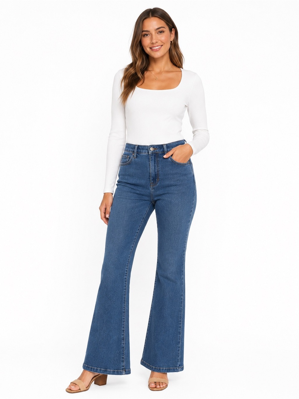 High-Rise Flare Jeans in Medium Blue - 1035